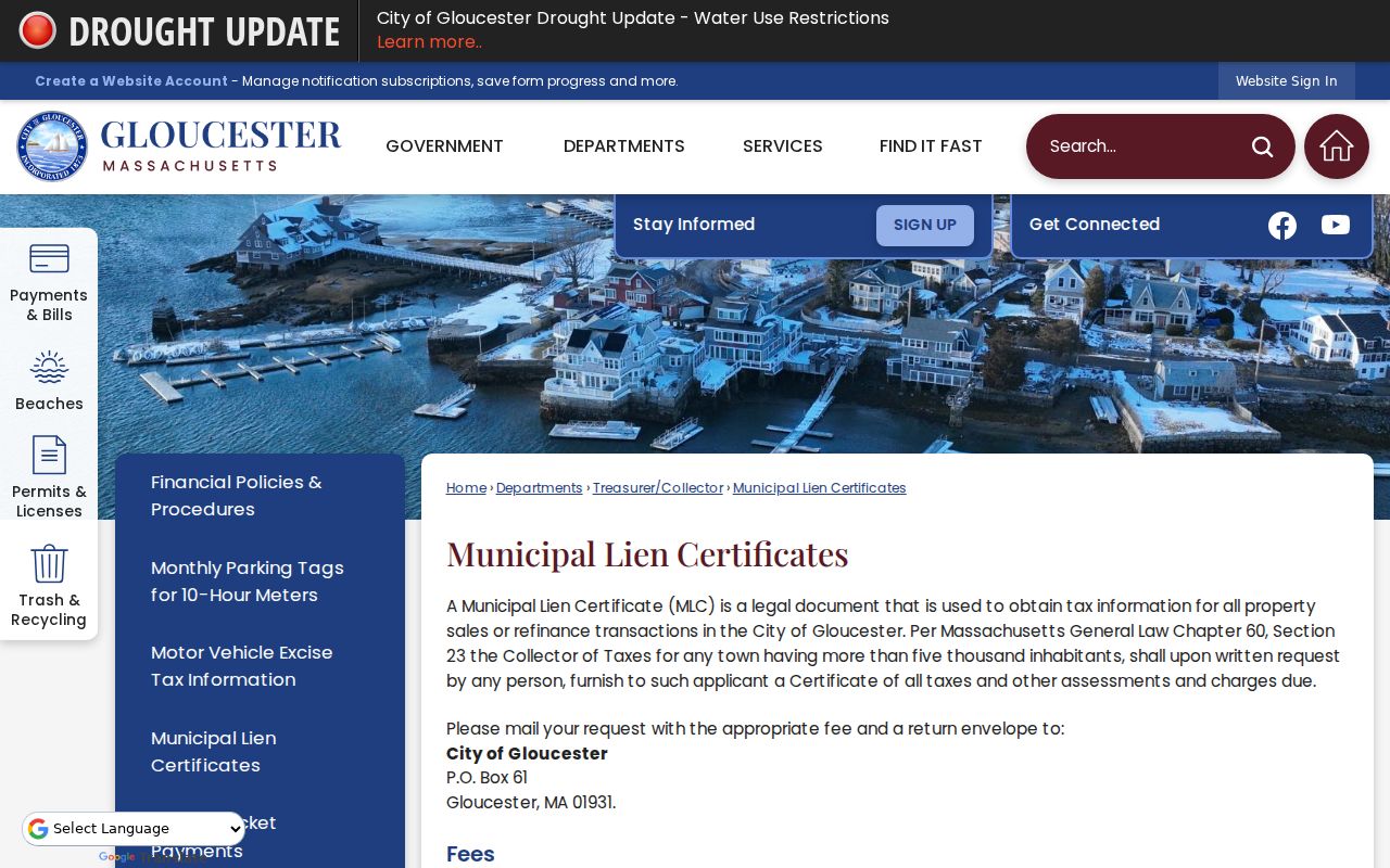 Gloucester neighbors municipal lien certificate information